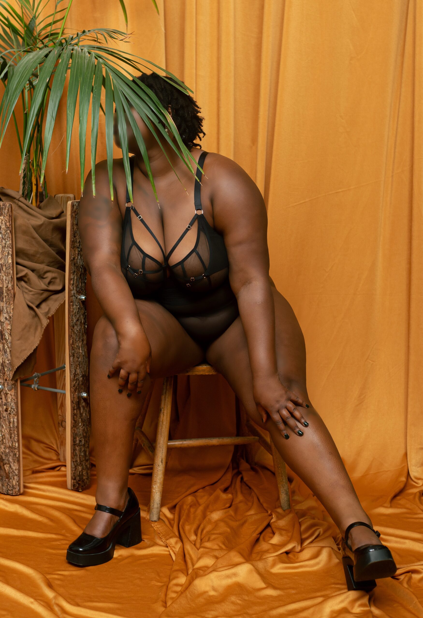 Sunny Bonheur, Black BBW escort wears a black bodysuit lingerie, she is sitting down on a chair and a plant is hiding her face